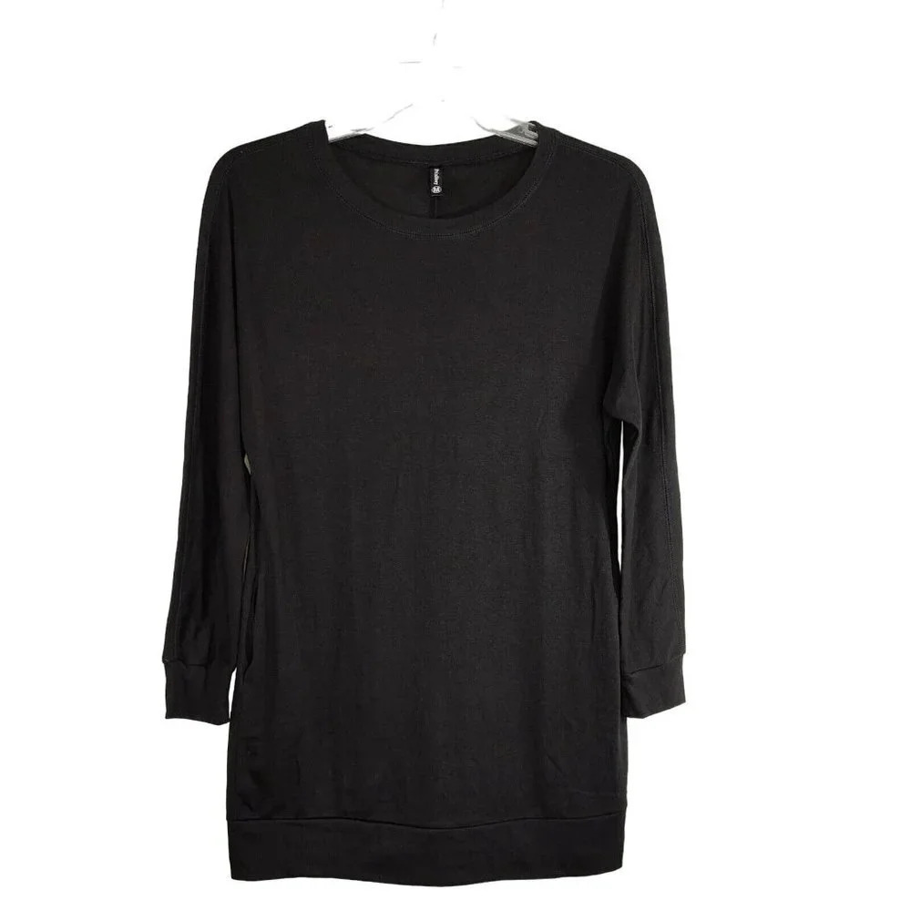 PrinStory Top Long Length Jersey Knit Women Size M Black Long Sleeve Pockets